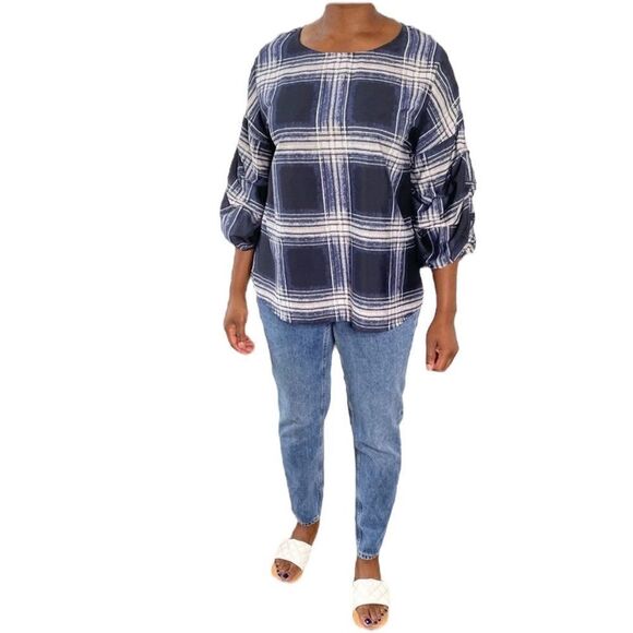 2/$20 Maggie & Max Blue Plaid Puff Sleeve Top - Picture 1 of 16